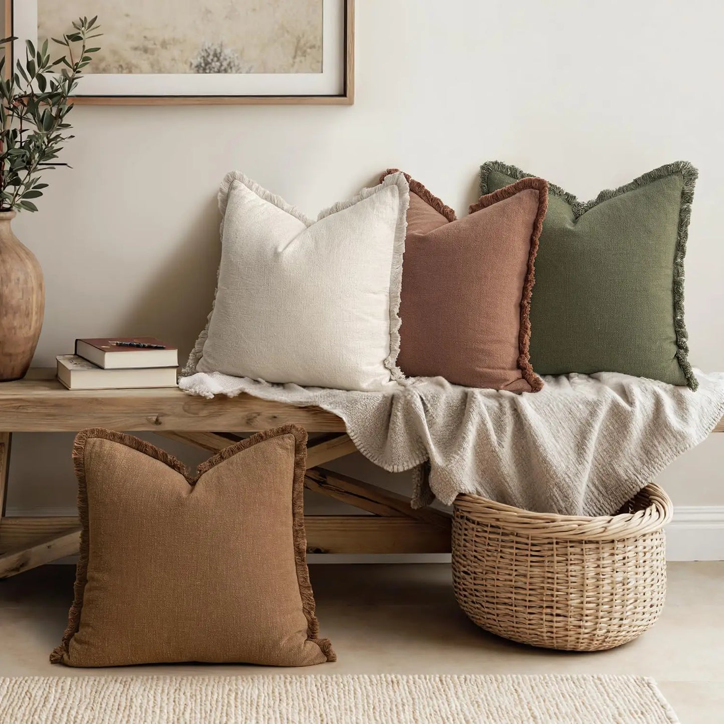 Set of 4 Linen Fringe Throw Pillows, 20x20 Inch Neutral Beige/Brown/Green Covers for Sofa Bed Living Room Farmhouse Decor