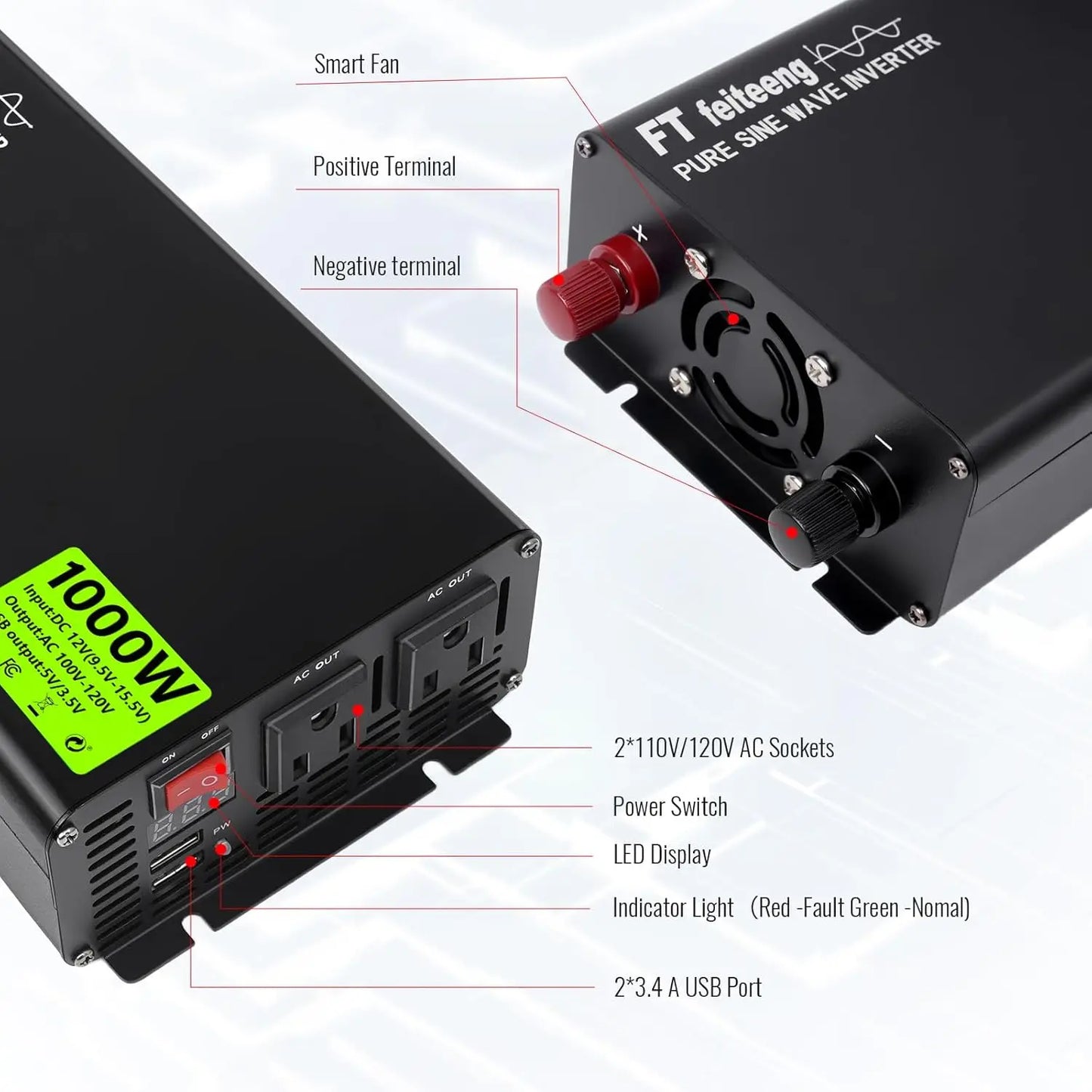1000W Pure Sine Wave Inverter 12V DC to 120V AC, 60Hz, with Battery Cables, 2 AC Outlets, 2 USB Ports, for Laptops, Cars, RVs, C