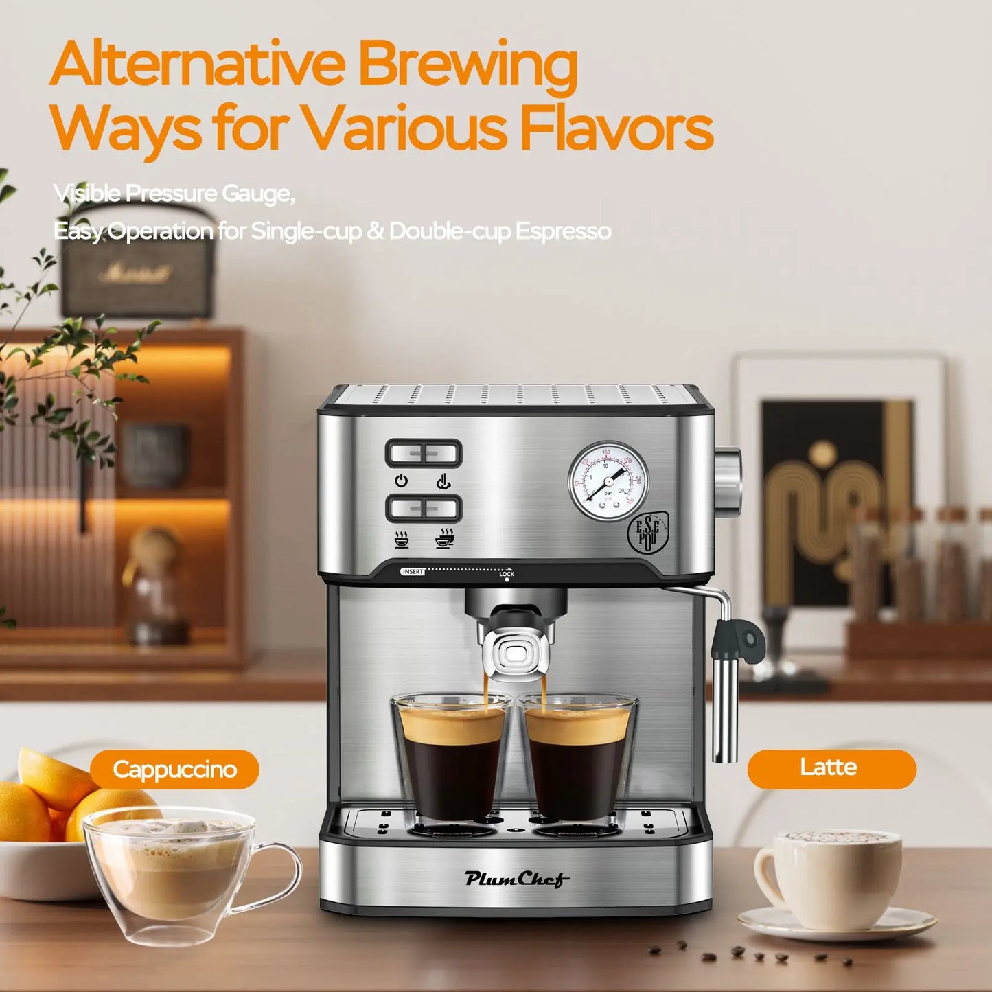20Bar Household Espresso Machine Semi Auto Coffee Maker with Milk Frother Steam Wand Pressure Gauge 54oz Water Tank Coffee Maker