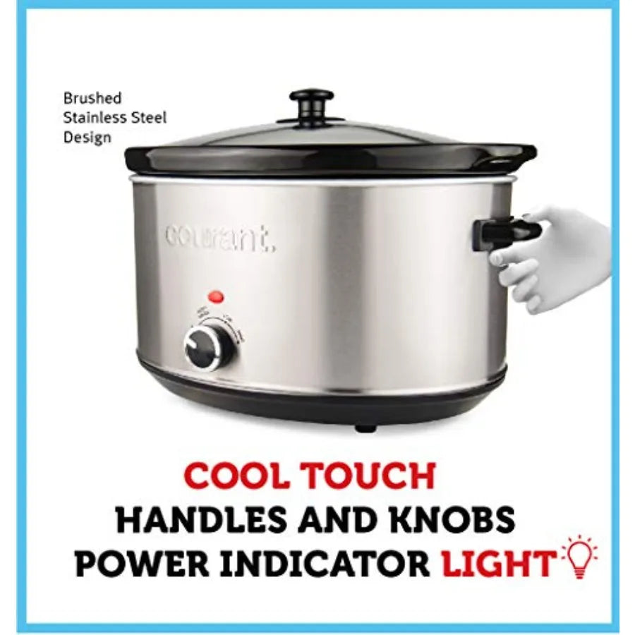 Oval Slow Cooker Crock 8.5 Quart Dishwasher Safe Pot in Stainless Steel with Easy Options for Home Cooking