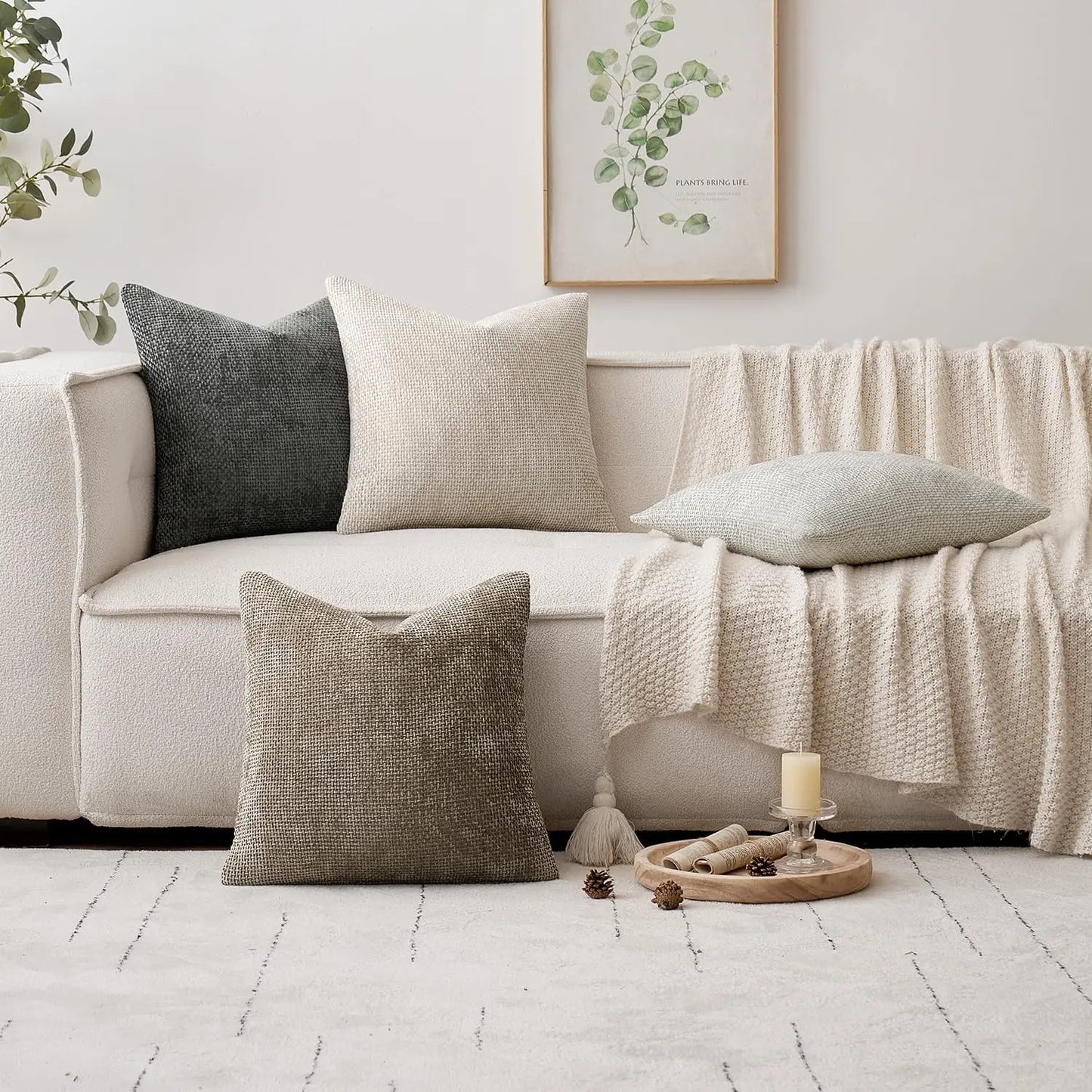 4 Pack 24x24 Inch Chenille Pillow Covers, Soft Decorative Farmhouse Boho Accent for Sofa Bedroom Living Room Home Decor