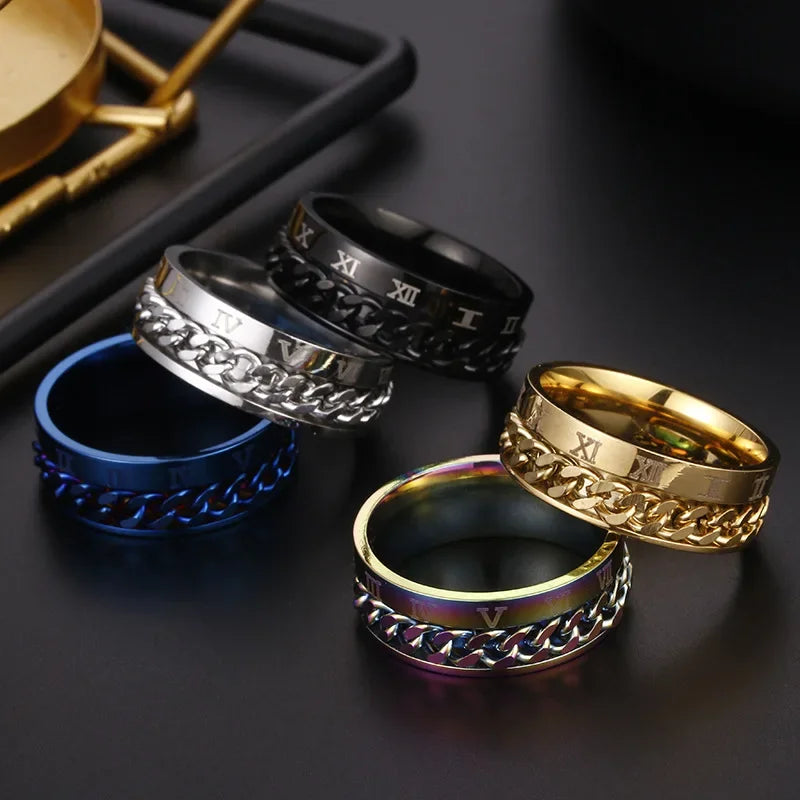 Roman Numerals Stainless Steel Chain Rotating Anxiety Black Rings For Men Fidget Metal Spinner  Ring Anillos De Hombre