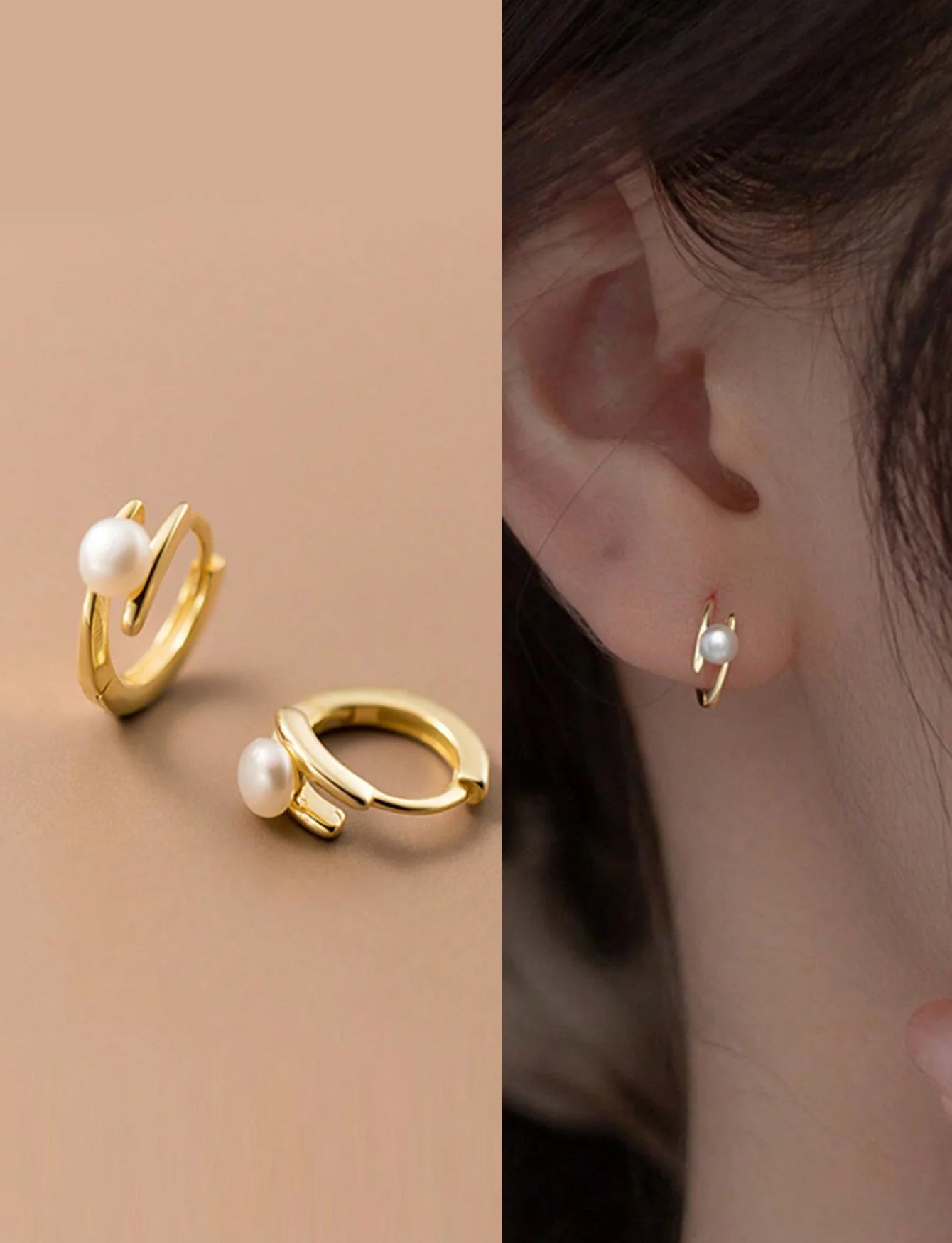 A pair of French gold double-layer pearl curved pearl double-strand earrings