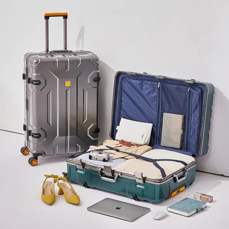 Large Capacity Aluminum Frame Luggage Bag with Wheels Durable Wear-Resistant Rolling Suitcase 20-28 Inch Travel Bag Suitcase