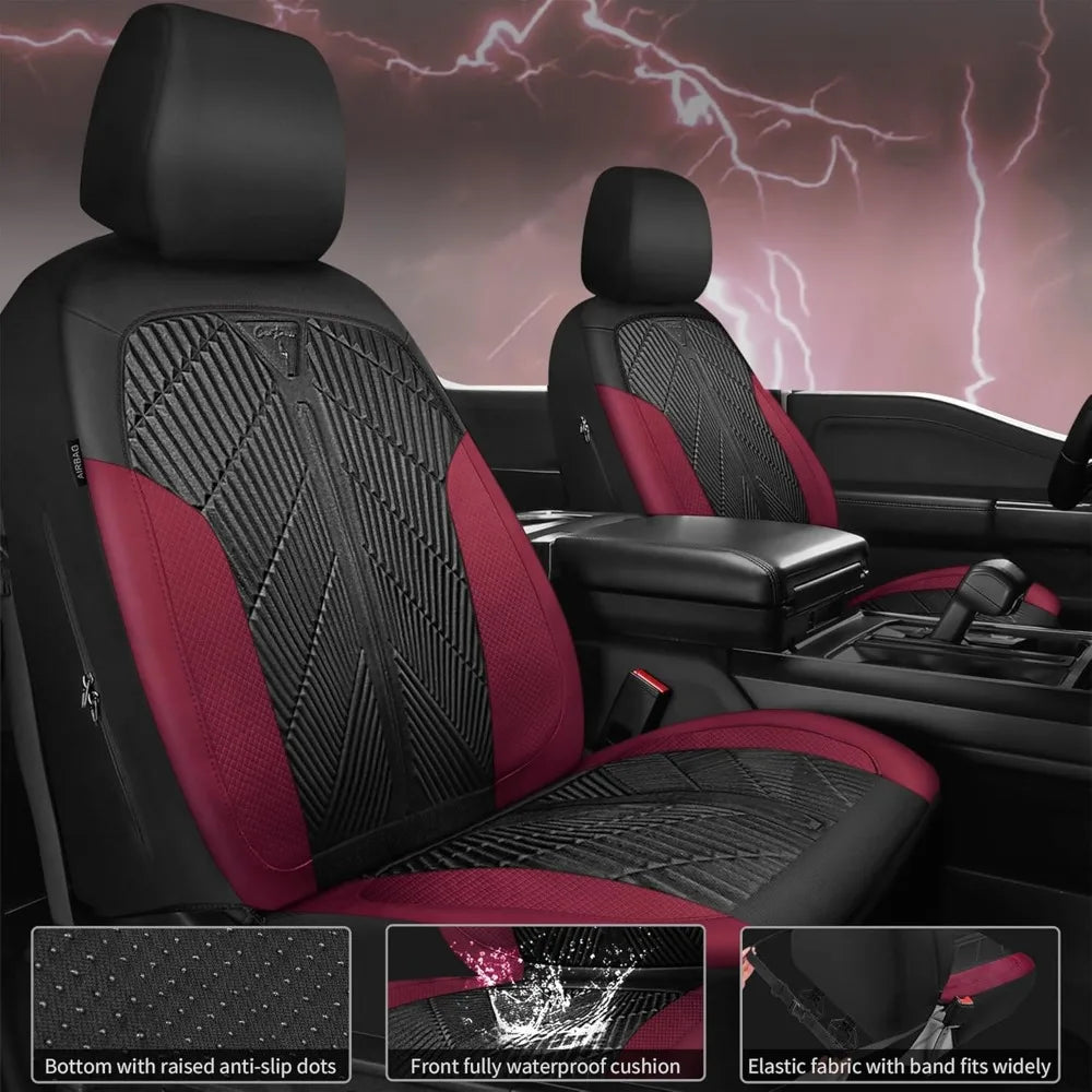 Waterproof Neoprene Car Seat Covers, Universal Fit for SUV Sedan Truck, Black Red Embossed Design
