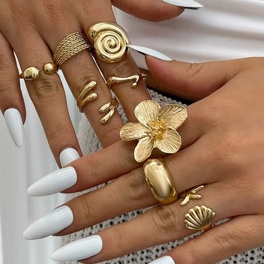 One Set Vacation Beach Style Flower Starfish Knuckle Rings For Women Bohemian Vintage Gold Silver Color Open Joint Ring