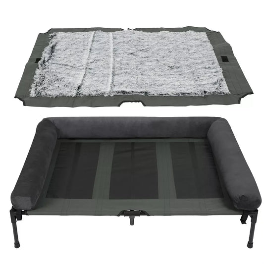 BINGOPAW Outdoor Elevated Dog Bed Cooling Raised Pet Lounger Bed Mesh Cot Sleep Camping Bed with Detachable Plush Bolster
