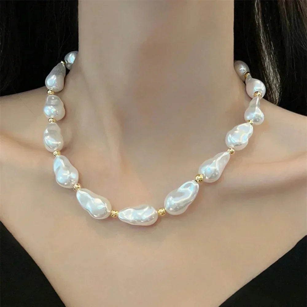 Vintage Silver-plate Geometric Exaggerated CCB Chain Necklace For Women Female Fashion Boho Artificial Pearl Y2K Jewelry Gift