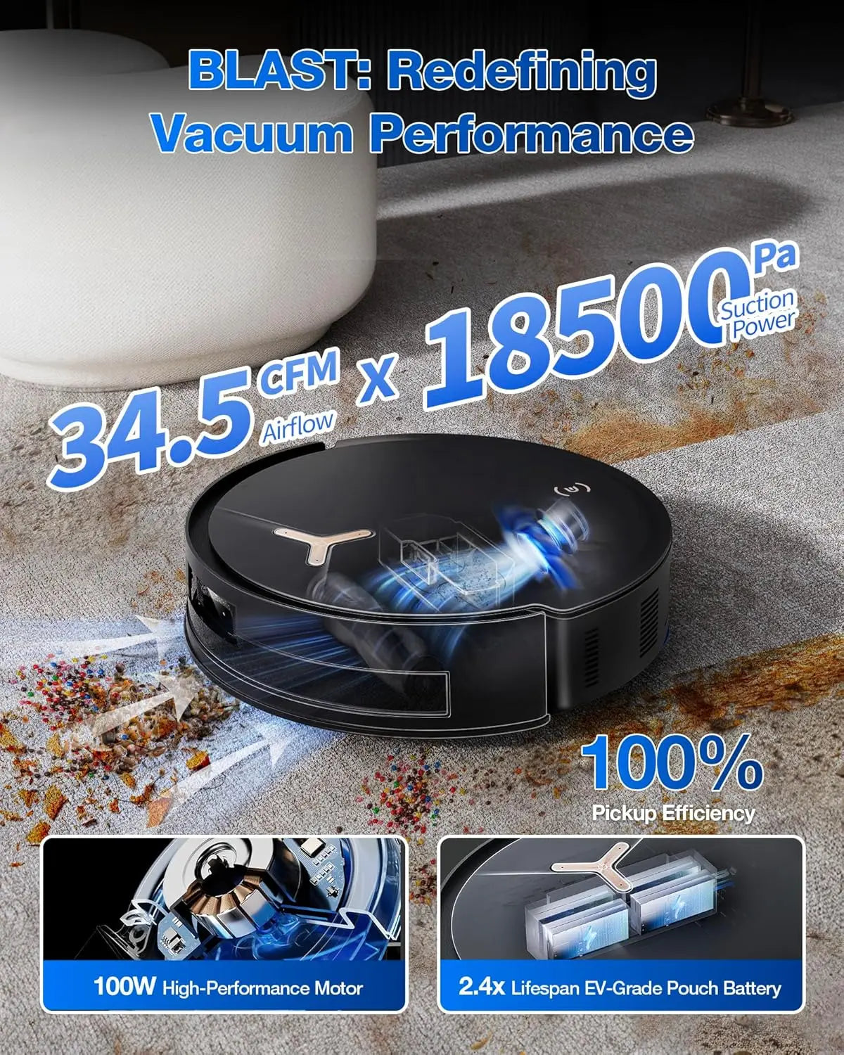Robot Vacuum and Mop, 18,500Pa Suction, 18mm Auto-Lift,3.0 Obstacle Avoidance, Auto Hot Water Mop Wash/Dry/Refill, Self-Emptying