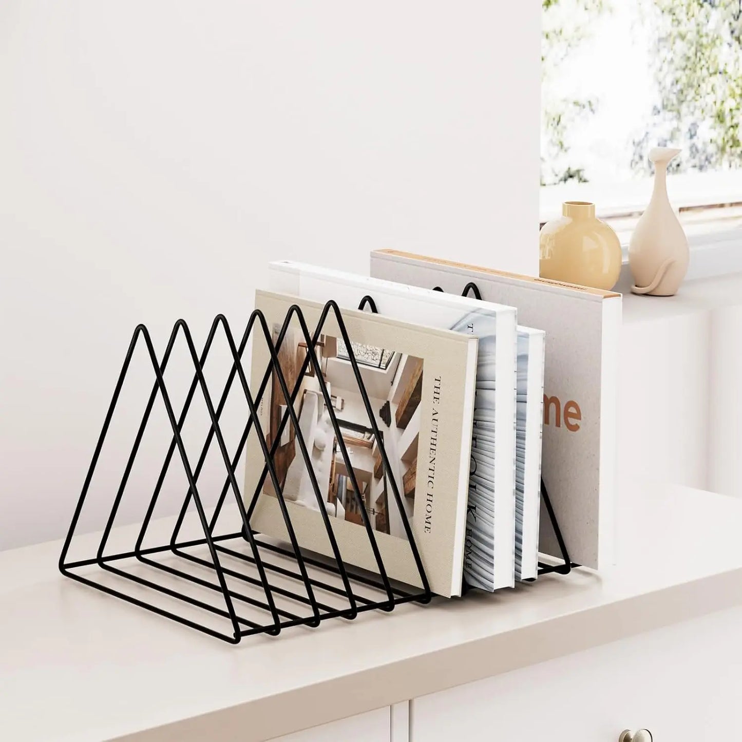 Metal Triangle Desk Organizer with 10 Sections, Magazine Holder and File Storage in Black