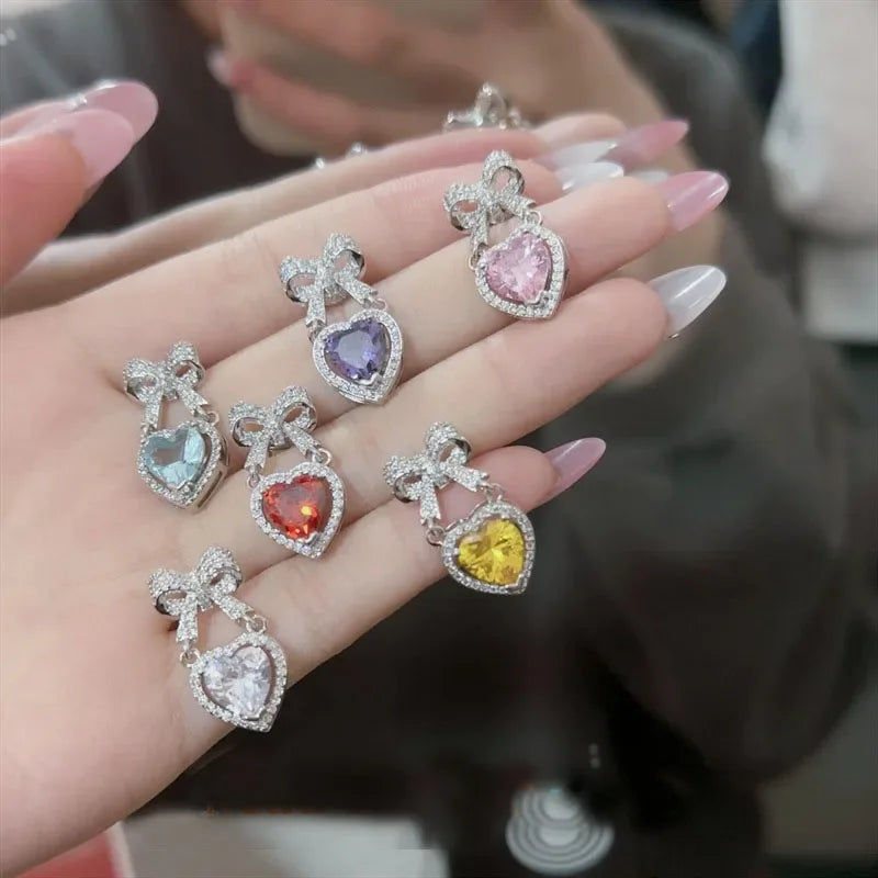 MDL Moissanite Style Sparkling Color Gems Rainbow Color Heart Drop Earrings 18K Gold Plated Heart Ribbon Zirconia