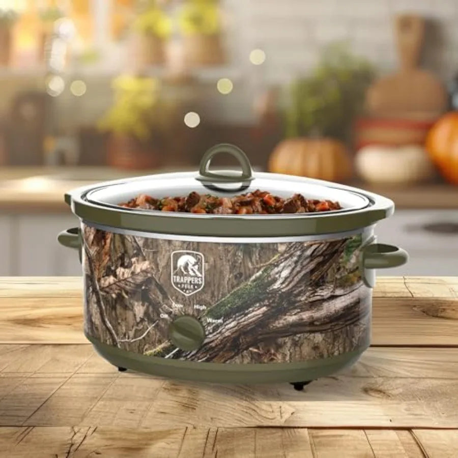 7 Quart Oval Slow Cooker Pot with Heat Settings for Kitchen Appliances Counter Top Use and Cooking Camo Green
