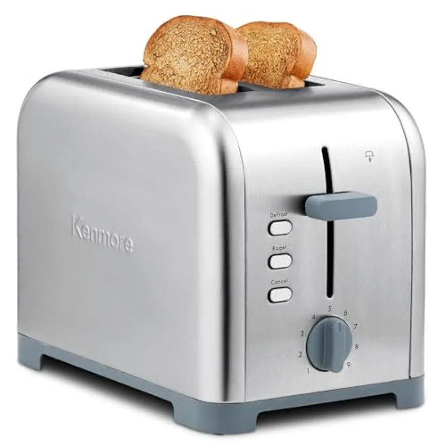 Kenmore 2-slice toaster with extra wide slots stainless steel finish 9 shade settings defrost function compact countertop kitch