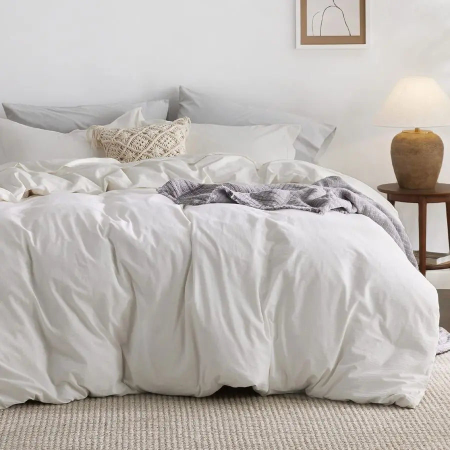 100 Washed Cotton Duvet Cover Queen Size Natural White Minimalist Cotton Duvet Cover Linen Like for All Seasons GentleSoft Plain