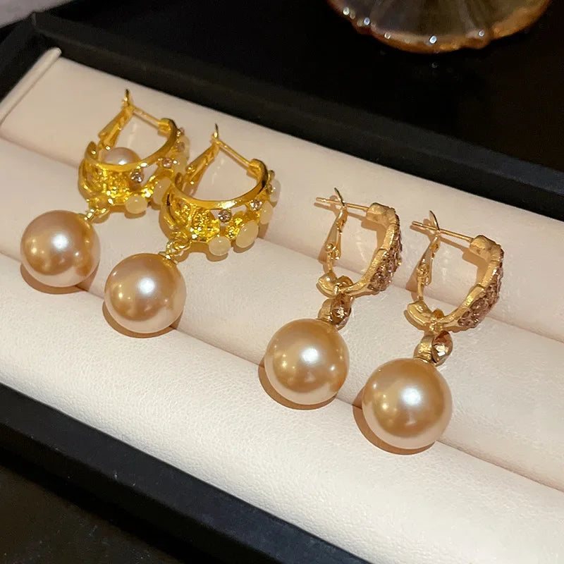 French Fashion Leaf Shaped Luxury Pendant Earrings for Women High-end Zircon Simulated Pearl Earrings Jewelry Accessories Gifts