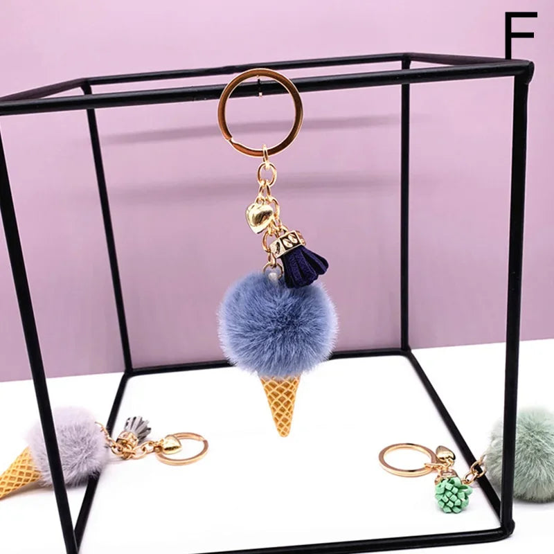 New Ice Cream Keychains for Women Men Plush Pompom Key Chain Rings Pendant Keyring Holder Charm Bag Jewelry Gifts
