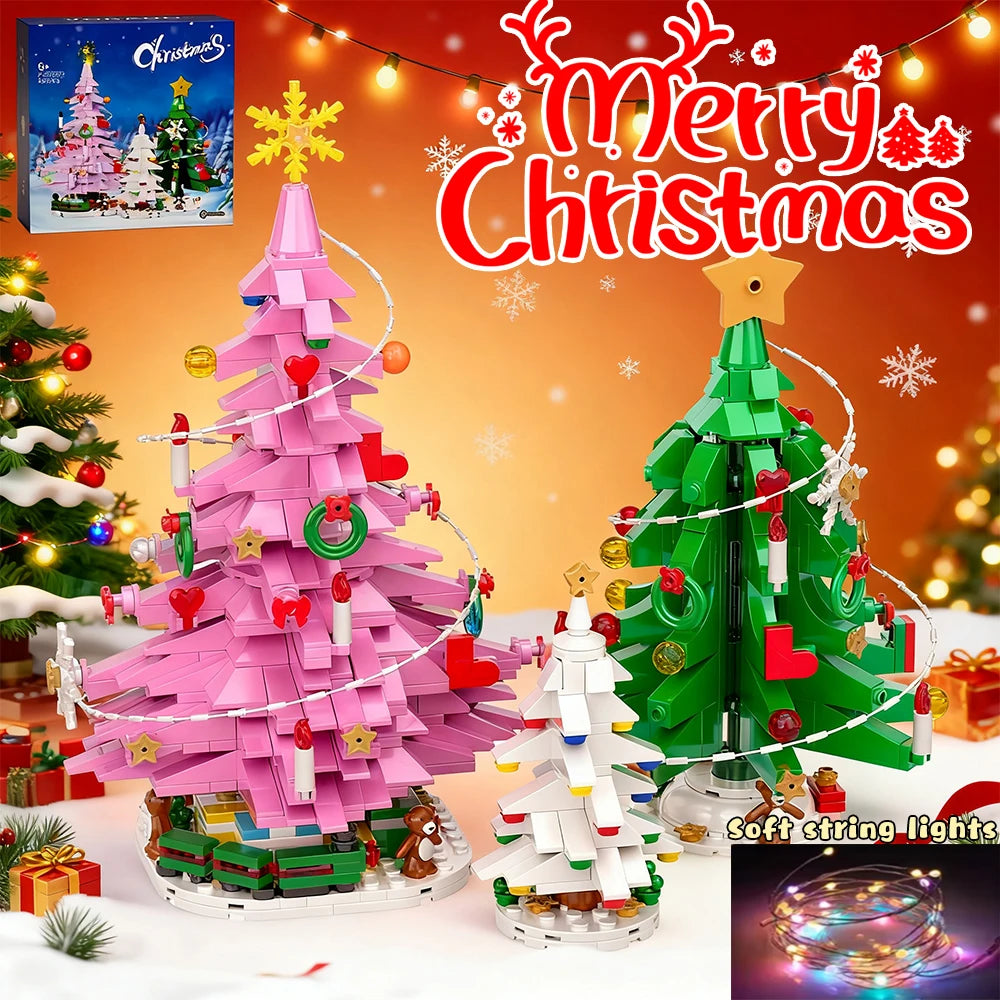 Three Christmas Trees with Led Strips Building Blocks Kit 743 PCS DIY Home Decor Assembly Toy Holiday Gift for Kids New Year Set