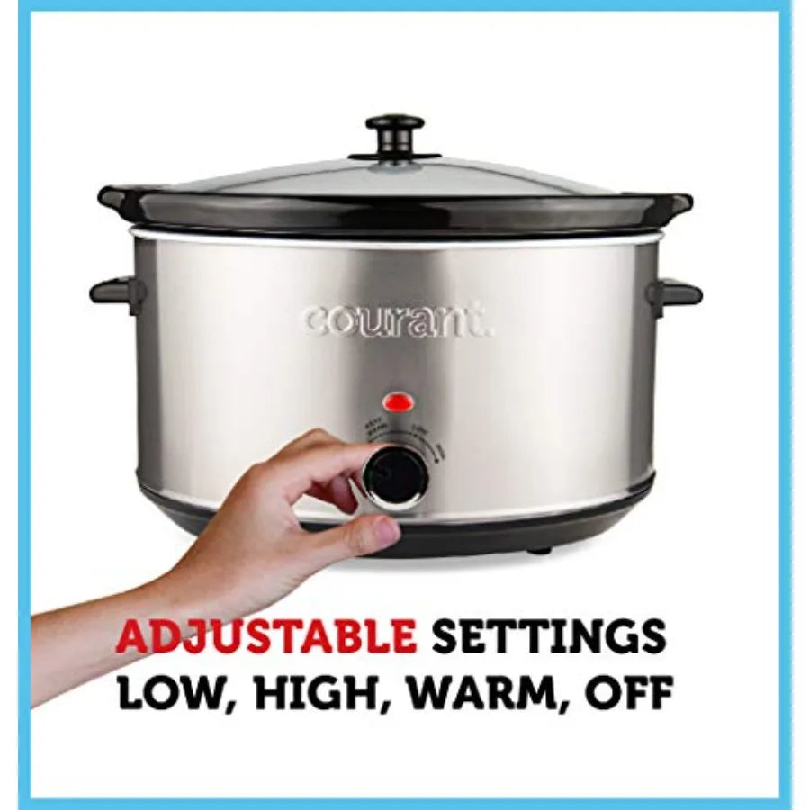 Oval Slow Cooker Crock 8.5 Quart Dishwasher Safe Pot in Stainless Steel with Easy Options for Home Cooking