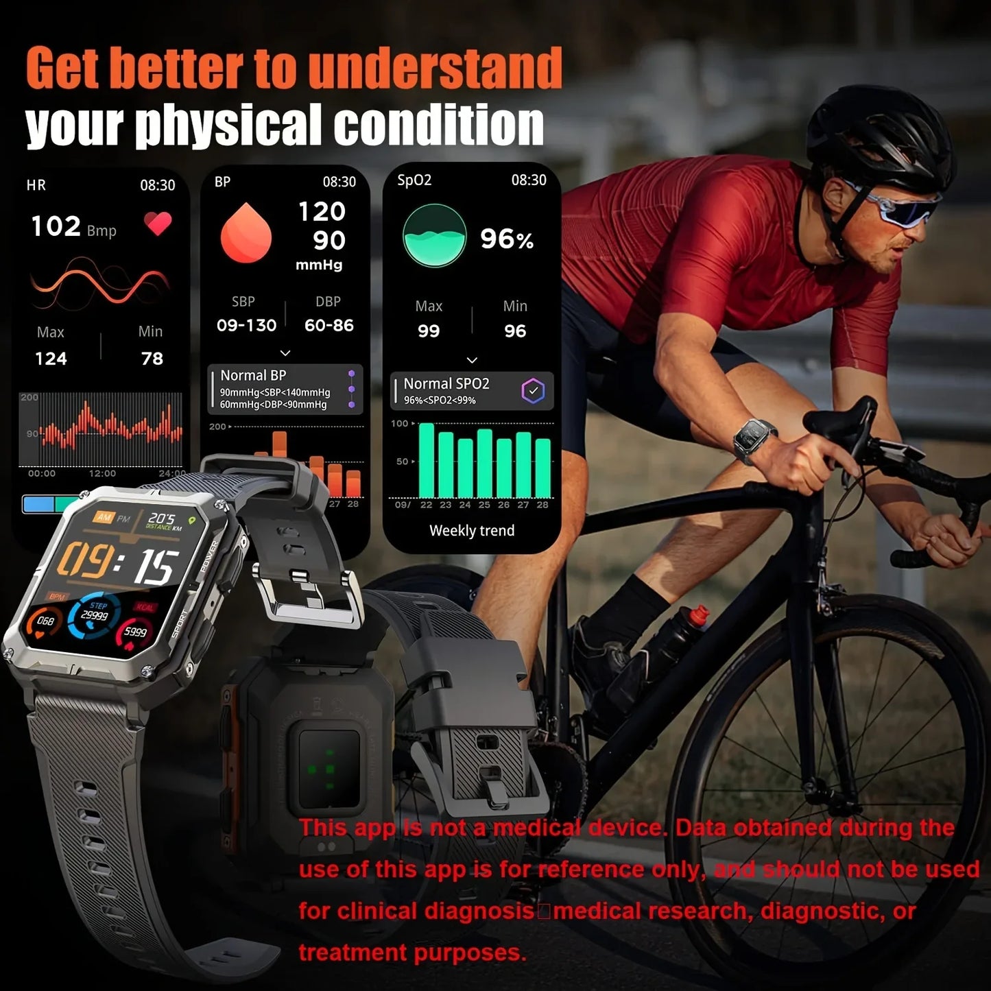 Rugged 1.83" Smart watch (Call Receive/Dial) IPX8 for Android iPhone Compatible, Fitness Tracker for Outdoor Sport