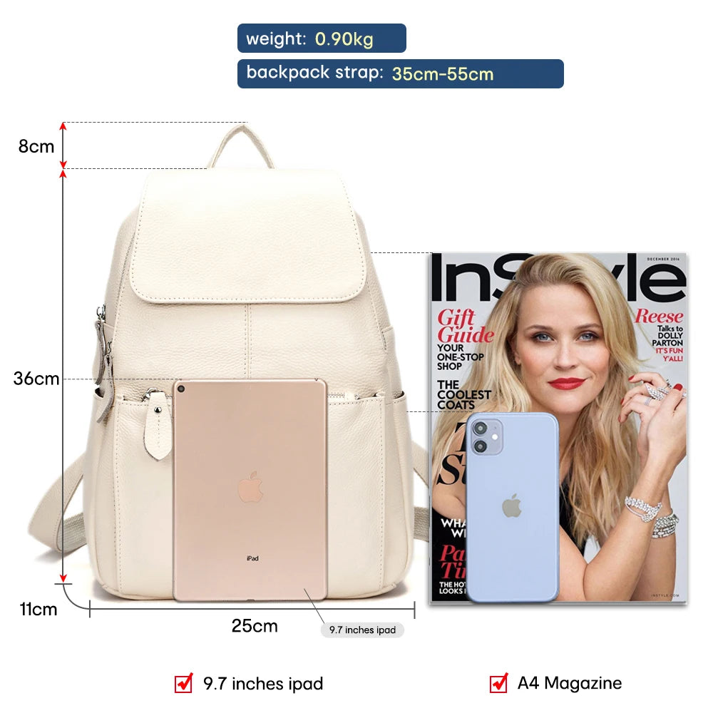 Zency Stylish White Black Genuine Leather Women Backpack A++ Quality Anti-theft Large Capacity Knapsack Travel Designer Rucksack