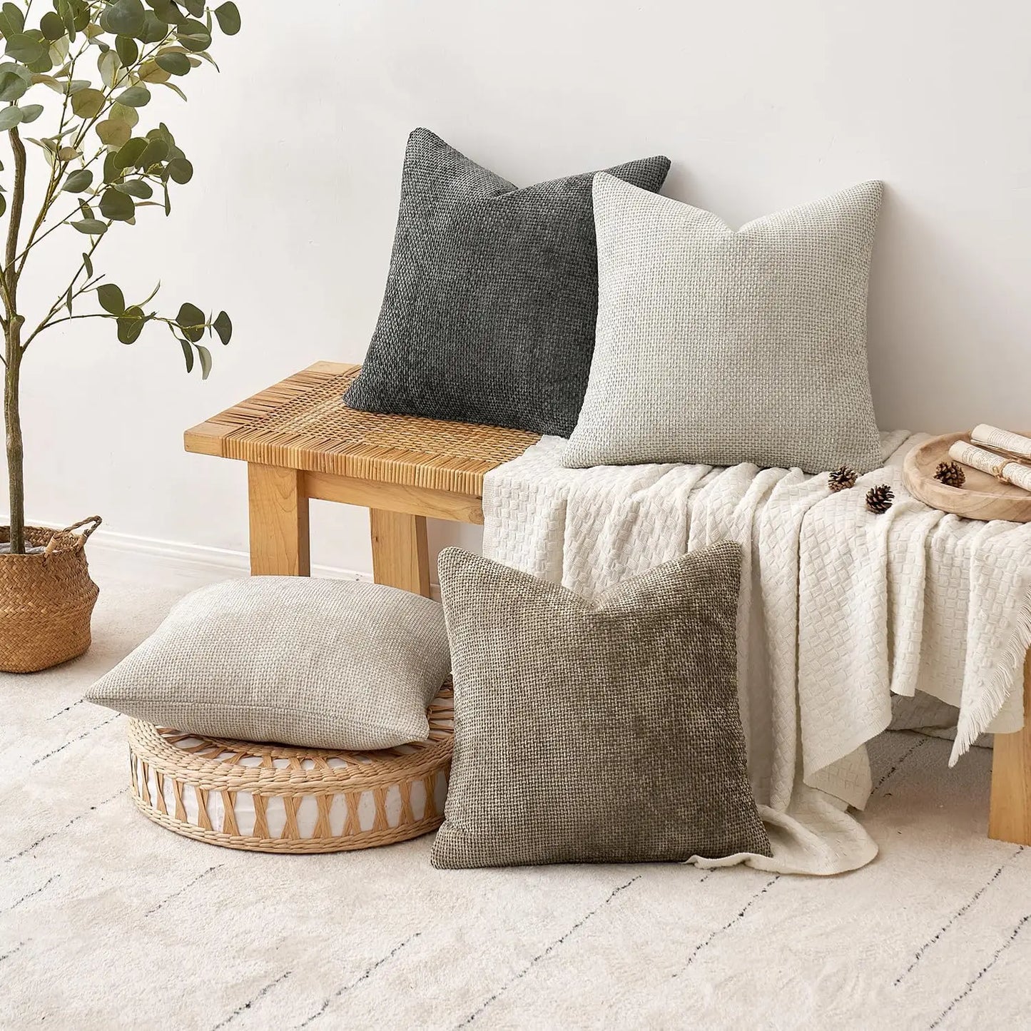 4 Pack 24x24 Inch Chenille Pillow Covers, Soft Decorative Farmhouse Boho Accent for Sofa Bedroom Living Room Home Decor
