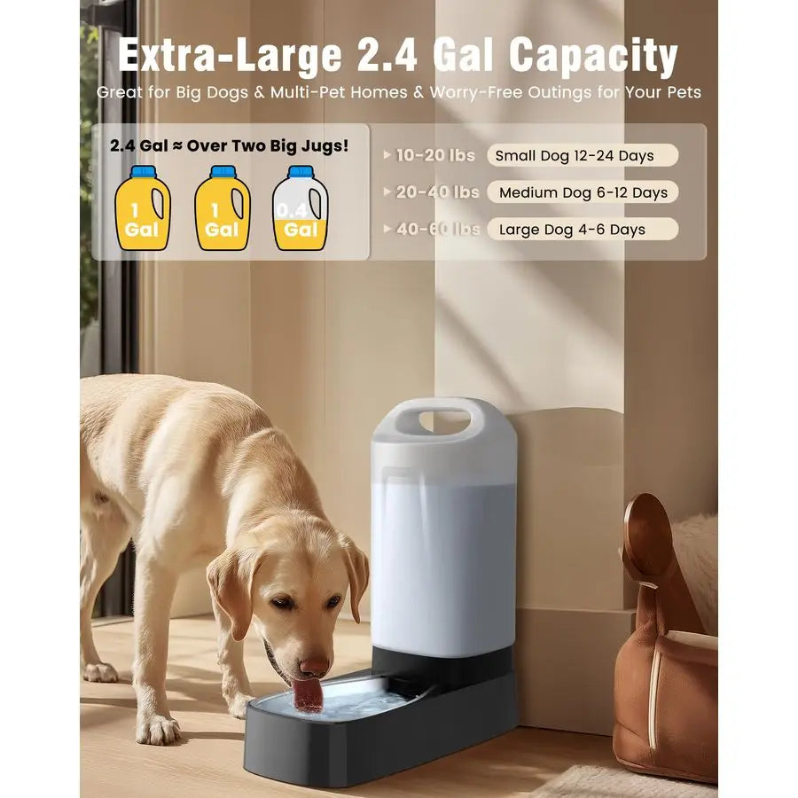 Automatic Dog Water Bowl Dispenser 2.4 Gallon Stainless Steel Gravity Pet Water Feeder with Ergonomic Handle Design Anti Splash