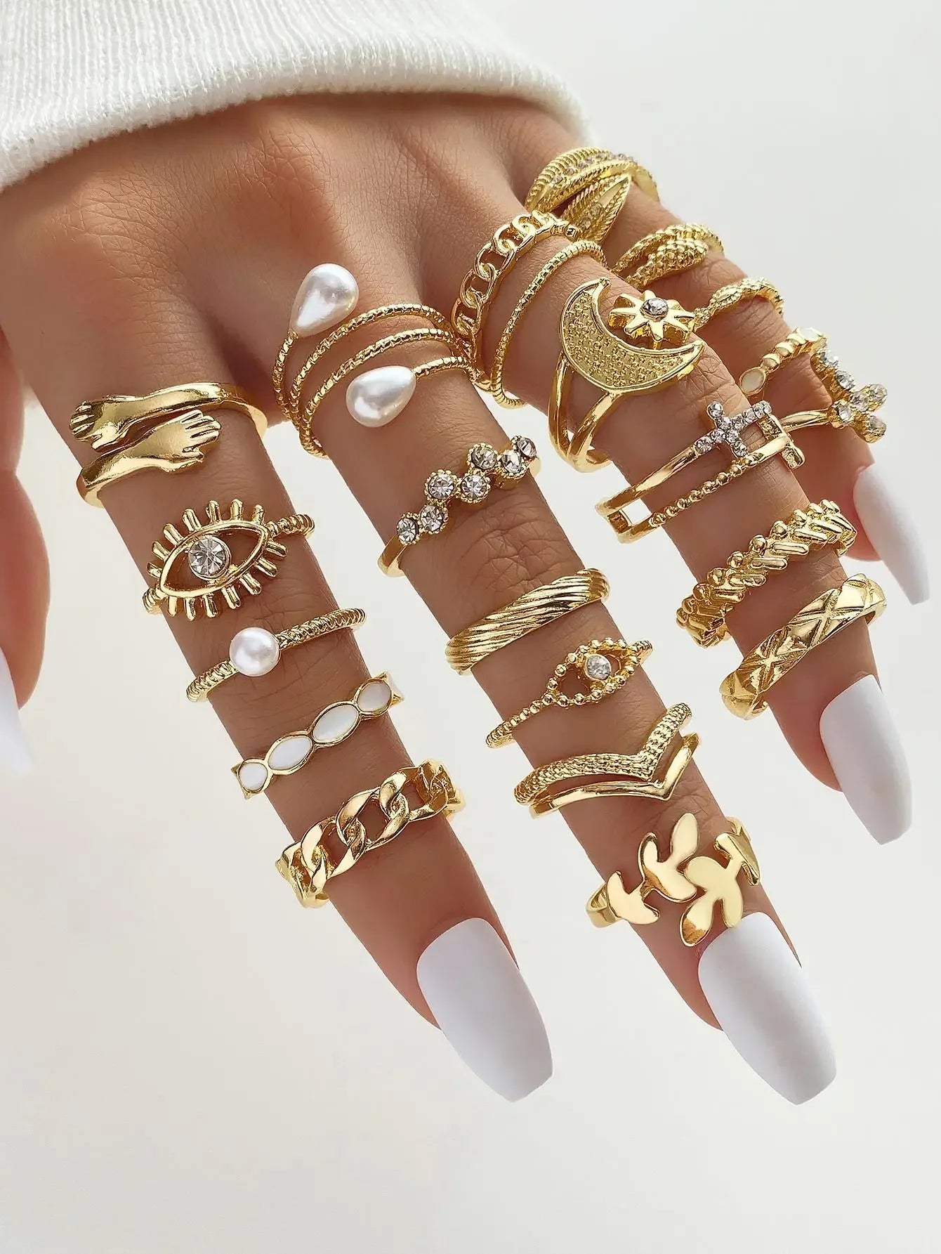 Boho 22 Pcs/Set of Punk Pearl Rings Set For Women Fashion Eye Finger Leaf Ring Parties Festivals Gifts Daily Versatility Jewelry
