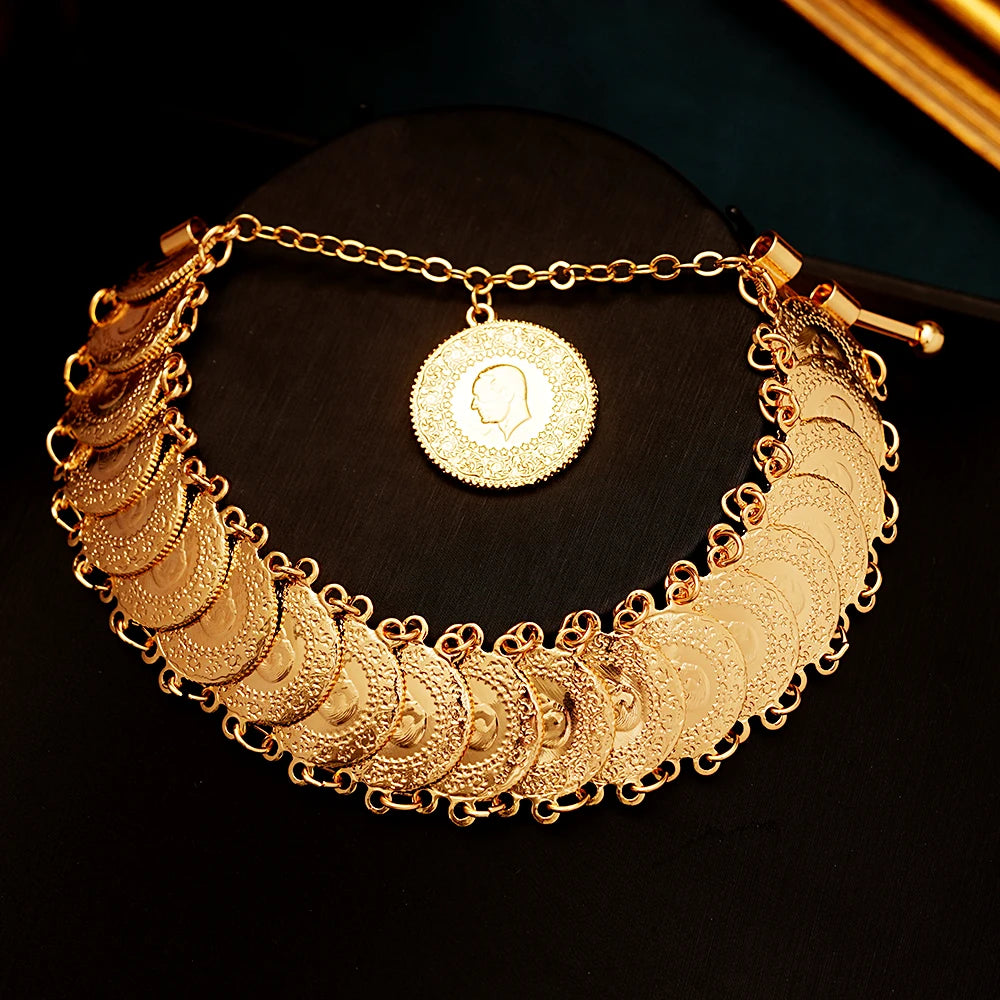 Luxury Gold Plated Ottoman Turkish Totem Chain Bracelet Coin Cuff Bangles for Bridal Ethnic Women's Jewelry Bijoux