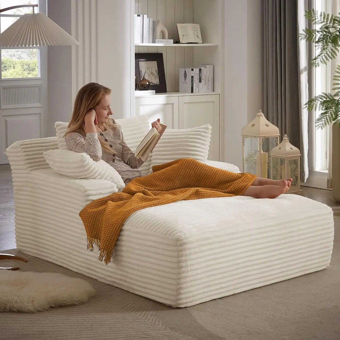 Oversized Chaise Lounge Chair with 3 Comfy Pillows for Living Room Bedroom, Wide Arms Corduroy Fabric High-Density