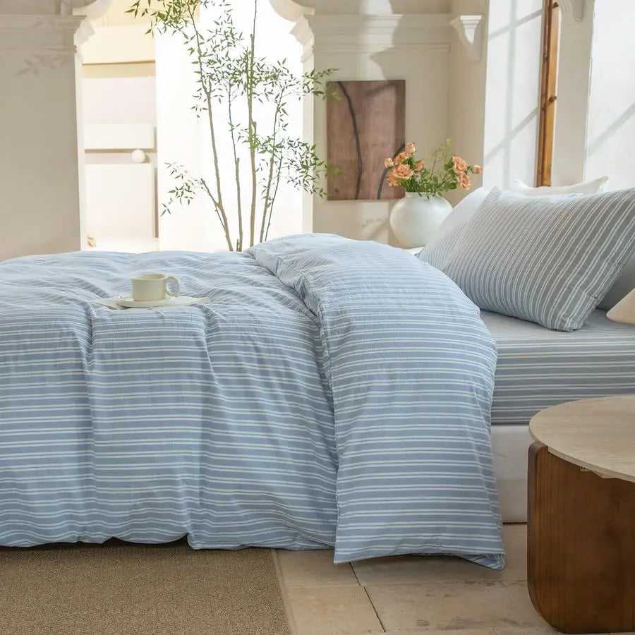 100 Washed Cotton Linen Like Duvet Cover Set,3 Pcs Striped Duvet Cover with Zipper ClosureStripCornflower Blue White,Queen