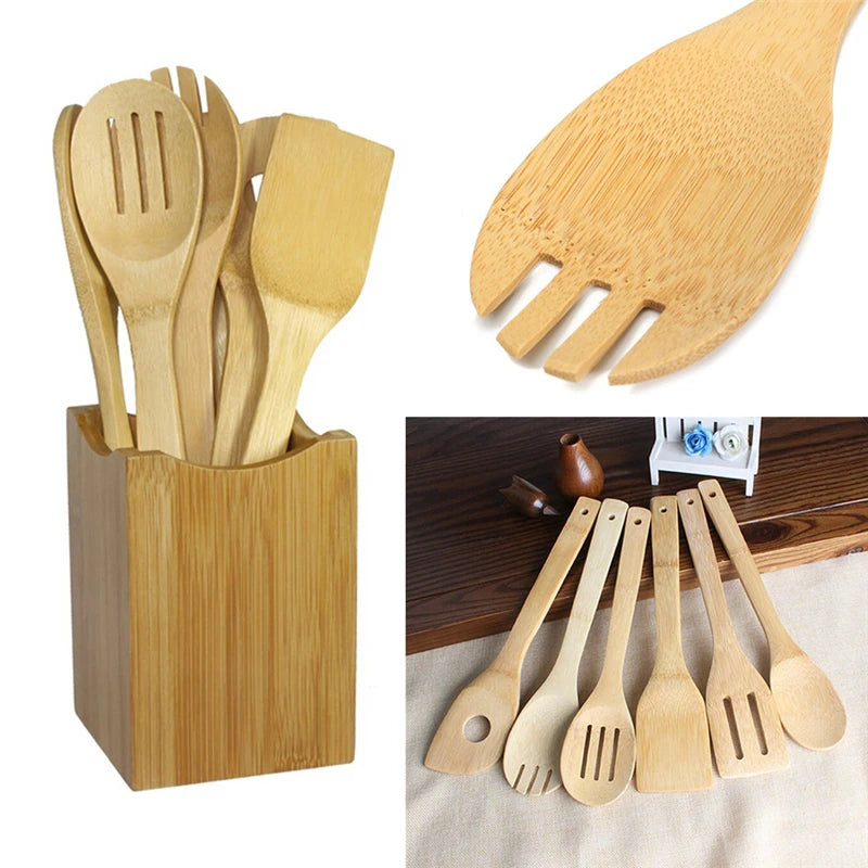6 Pieces Bamboo Spoon Spatula Kitchen Utensil Wooden Cooking Tool Mixing Set Cuisine Outils Accessoires