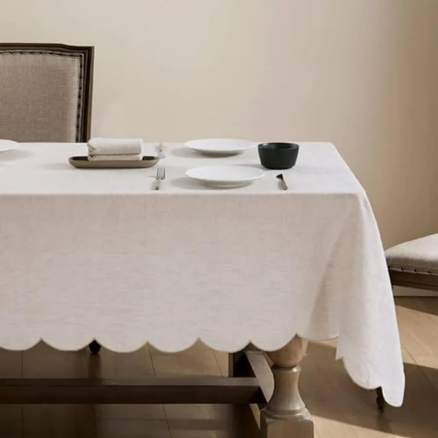 100% French Flax Linen Tablecloths Scalloped Embroidery Rectangle 84Lx60W Inch for Dinners, Parties, Spring, Easter, Machine Was