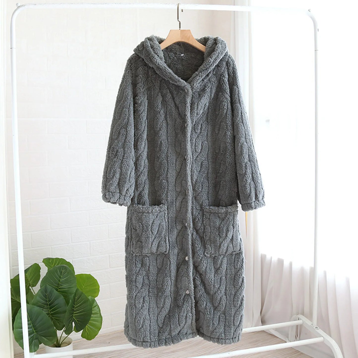 Women'S Loose Hooded Robe Nightgowns With Thick Plush Long Autumn/Winter Coral Fleece Bathrobe With Big Pockets Woman Nightwear