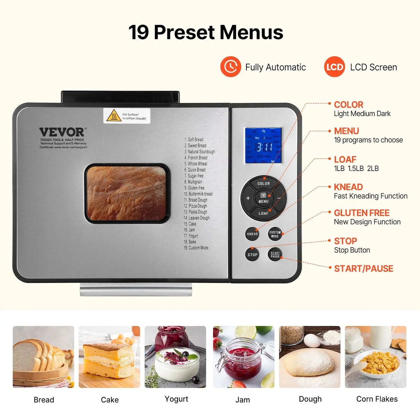 19-in-1 Bread Maker Nonstick Ceramic Pan 650W Automatic Breadmaker with Gluten Free Setting Digital Programmable for Home