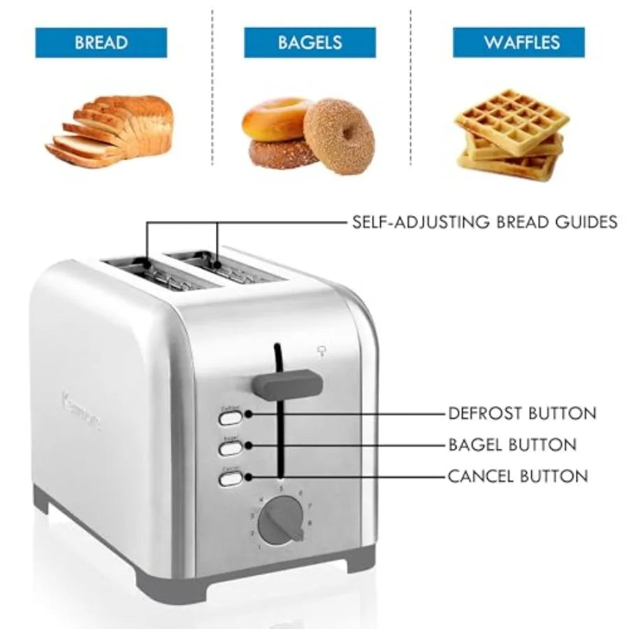Kenmore 2-slice toaster with extra wide slots stainless steel finish 9 shade settings defrost function compact countertop kitch