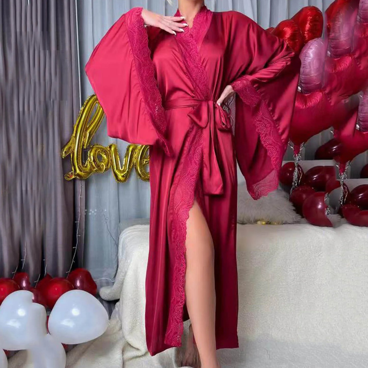 Long Solid Kimono Robe Women Sexy Lace Patchwork Bathrobe Gown Flare Sleeve Sleepwear Nightwear Bride Wedding Robes Loungewear