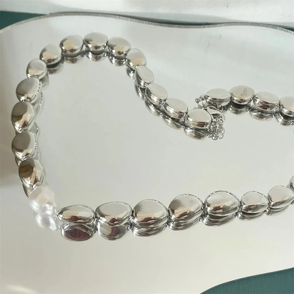 Vintage Silver-plate Geometric Exaggerated CCB Chain Necklace For Women Female Fashion Boho Artificial Pearl Y2K Jewelry Gift