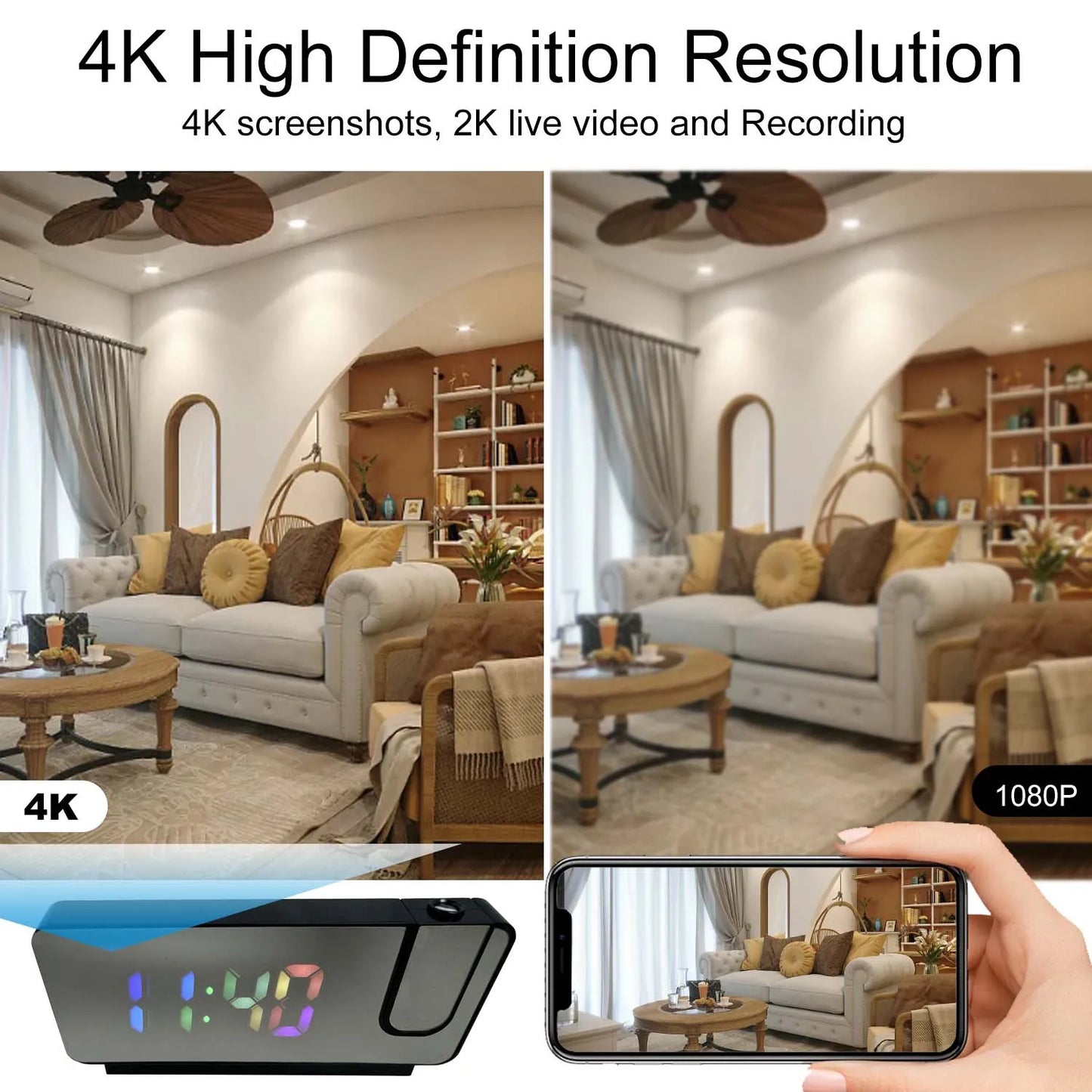 4K Ultra HD Projection Alarm Clock Camera with Wi-Fi, Motion Detection, Remote Viewing, Recording, Nanny Cam for Indoor Security