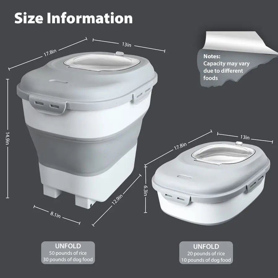 Rice Storage Containers, 20 to 50Lbs Collapsible Dry Food Dispenser Bins with Airtight Flip Lid Rolling Wheel, Kitchen Pantry to