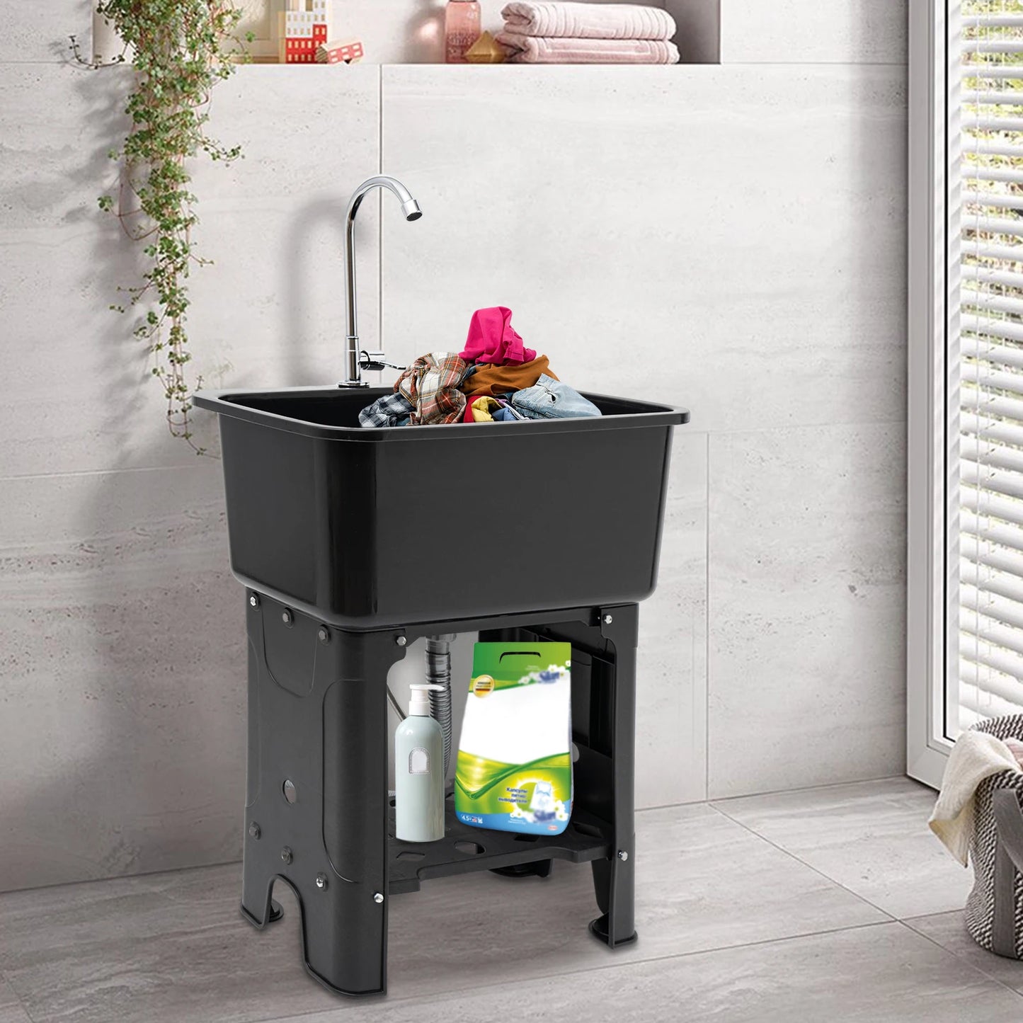 Large Utility Sink Laundry Tub (22.05x12.6x10.24"), Black Color, Quick Drainage, Full Set with Faucet, Hose, and Drain Pipe Incl