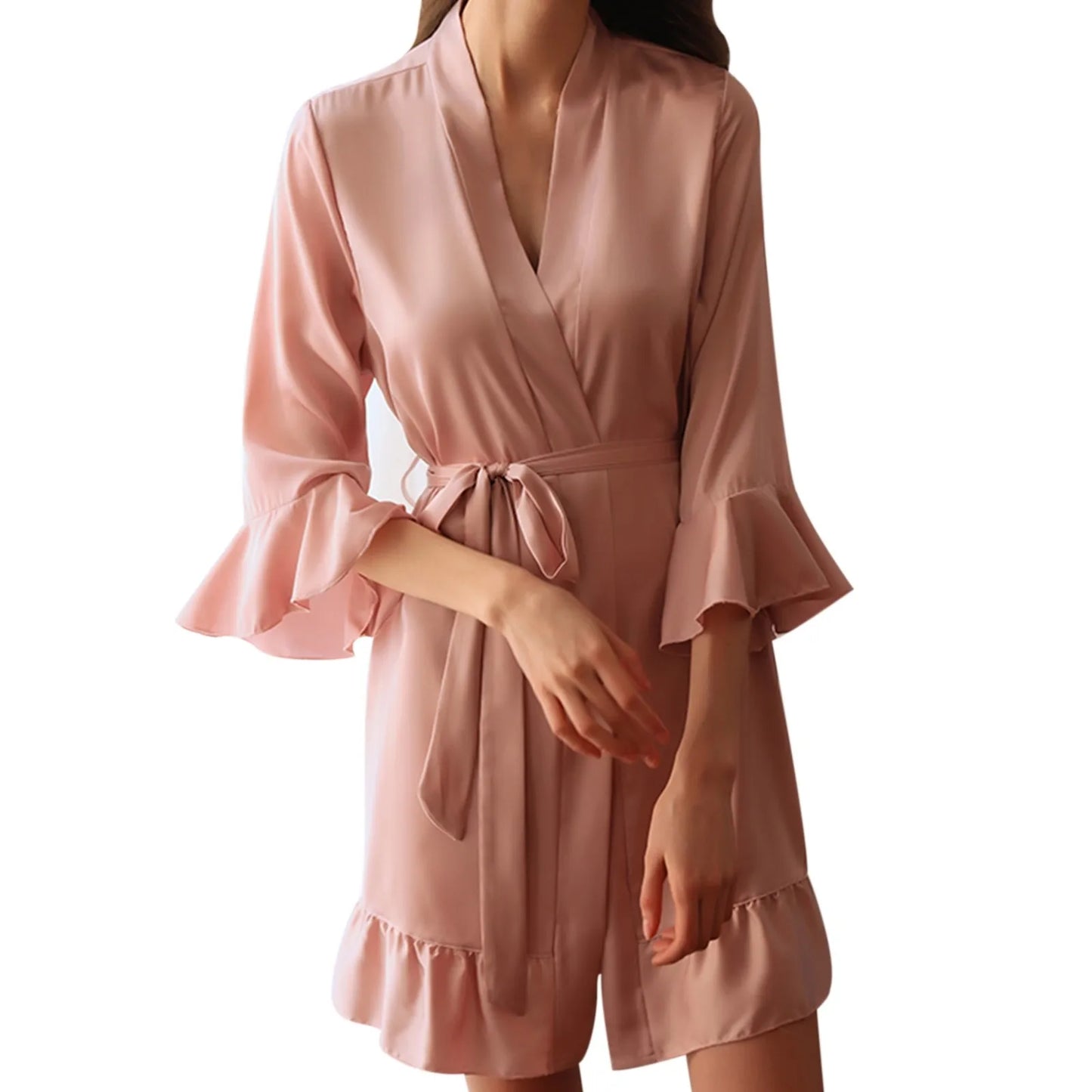 Sexy Lingerie For Women Autumn Winter Bride Robe Seductive Silk Kimono Ruffled Sleeves Sleepwear Kimono For Women New Pijama