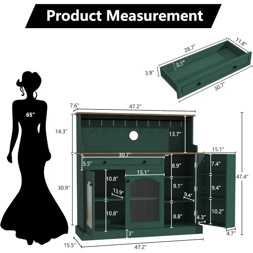 48” Coffee Bar Cabinet with Glass Doors, Wood Kitchen Pantry Cabinet with Glass Doors, Green Microwave Cabinet，Kitchen Cabinets