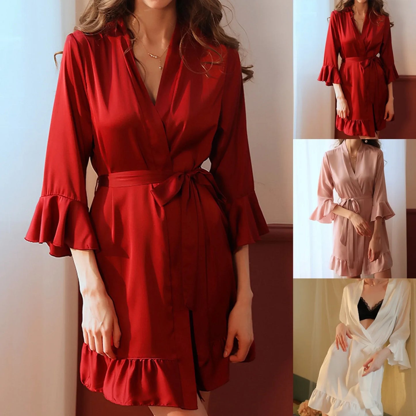 Sexy Lingerie For Women Autumn Winter Bride Robe Seductive Silk Kimono Ruffled Sleeves Sleepwear Kimono For Women New Pijama
