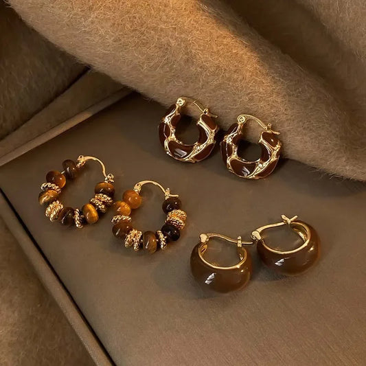 Vintage Coffee Color Dripping Oil U-shaped Hoop Earrings for Women Simple Brown Round Personality Earring Jewelry 2025