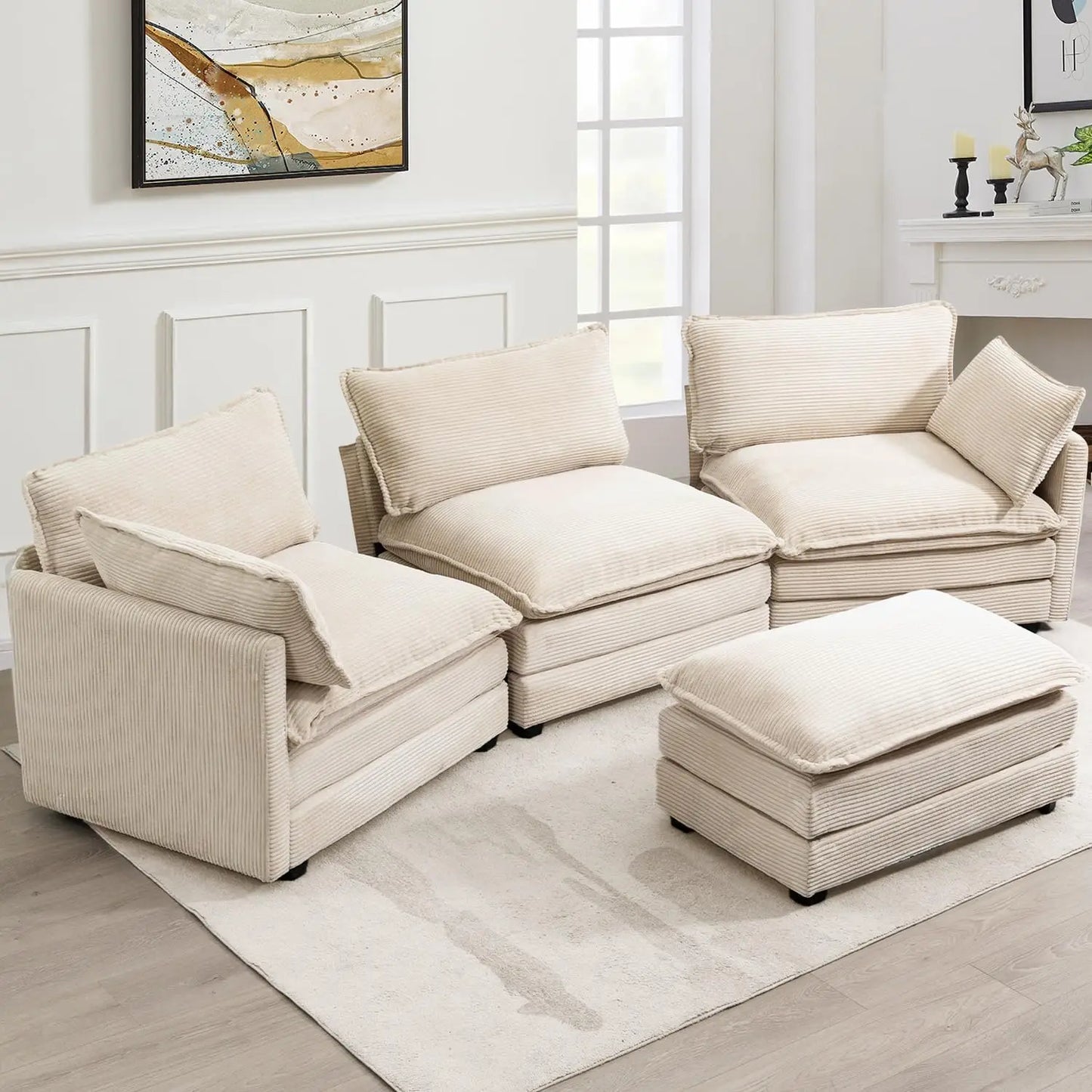 Oversized Modular Sectional Sofa with Movable Ottoman, 112 Inch 4 Seat Modern Corduroy Sofa Set, Convertible L Shaped Couch