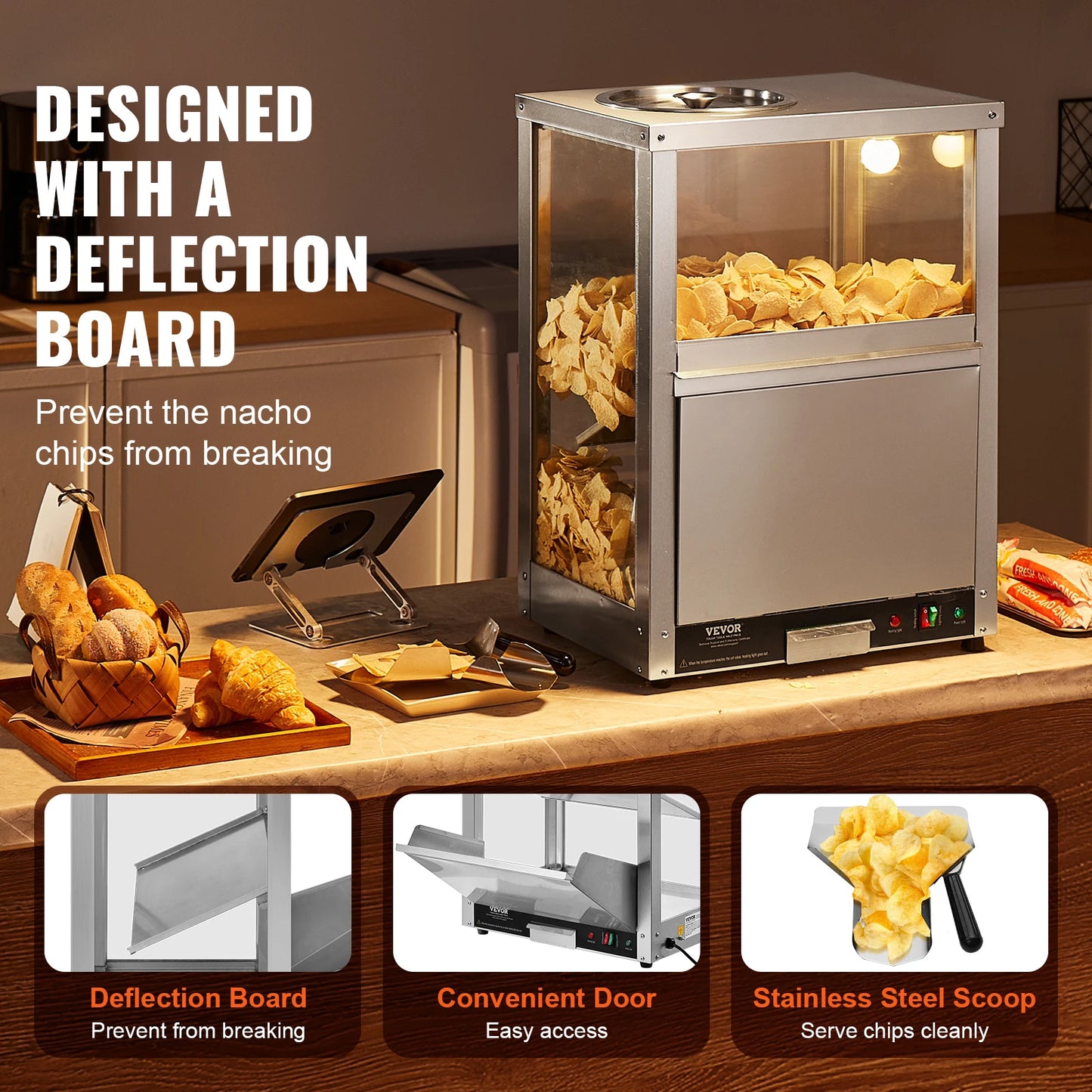 SucceBuy Commercial Nacho Chip Warmer 84.5QTNacho Machine  Deflection Board Stainless Steel for Nacho Chips Popcorn Potato Chips