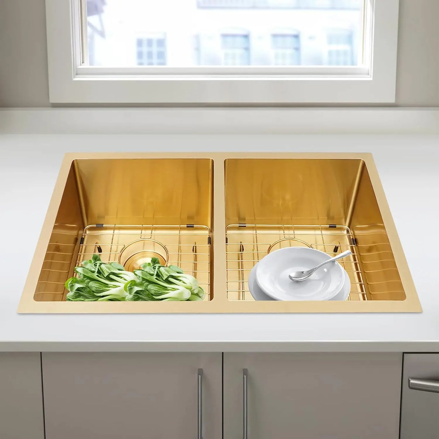 Double Bowl Sink, 31 Inch Undermount Stainless Steel Sink with Grid and Drainer for Commercial Kitchens, Homes, Backyards (Gold)