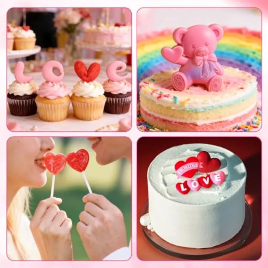 5Pcs Heart Chocolate Molds Silicone Set Valentine Silicone Chocolate Molds with Bear LOVE Letter and Gift Box Shapes Red Silico