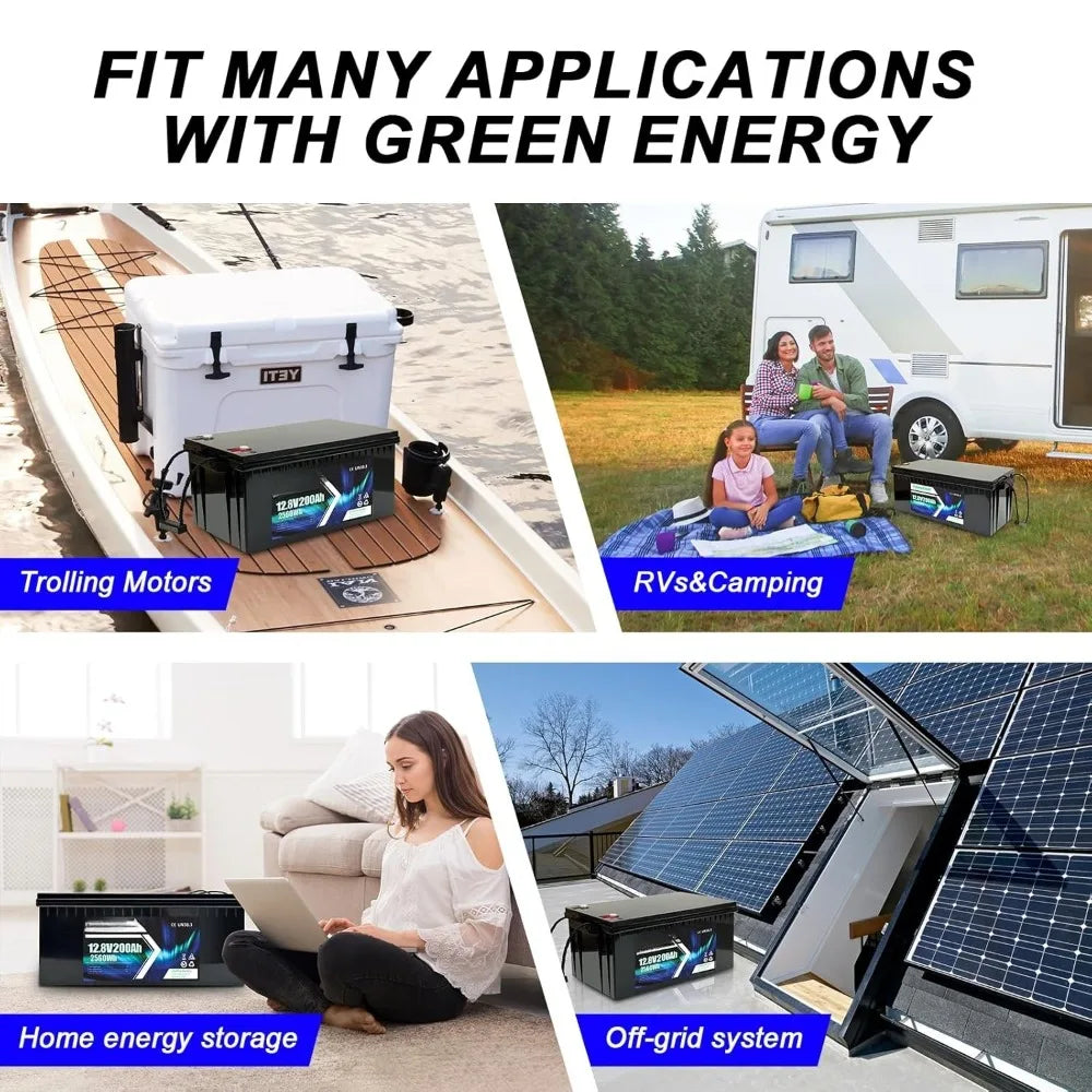 12V 200Ah LiFePO4 Battery with Built-in 200A BMS 4000+ Deep Cycle 2560Wh RV Lithium Batteries Customizable for Solar Energy