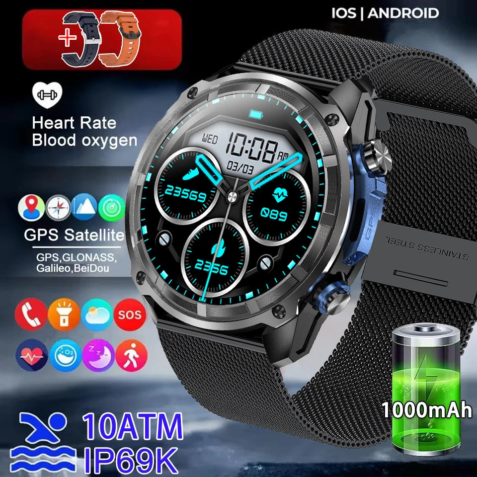 New Men Outdoor GPS Map AMOLED Smart Watch 1000mAh Ultra Large Battery 10ATM Waterproof Bluetooth Call Sports Fitness Smartwatch
